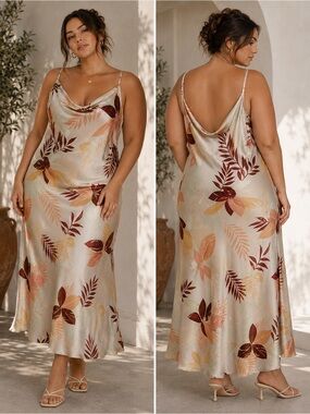 mahina Satin Slip Dress with Maroon and Peach Leaf Print